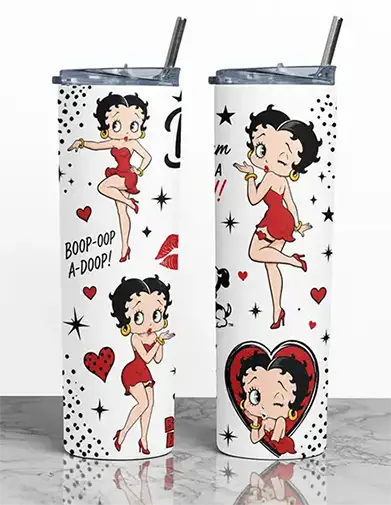 Betty Boop 20oz Skinny Tumbler | Retro Cartoon Sublimation Tumbler | Double Wall Stainless Steel Travel Cup with Lid & Straw